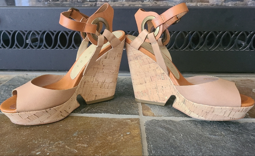 Lola Cruz Brown Leather and Cork Strappy Peep Toe Wedge Heels Size 36/US sz 6 - Picture 6 of 10